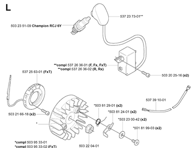 Ignition System Diagram and Parts List for 343F 20043100001-20064000000 Husqvarna Brush Cutter