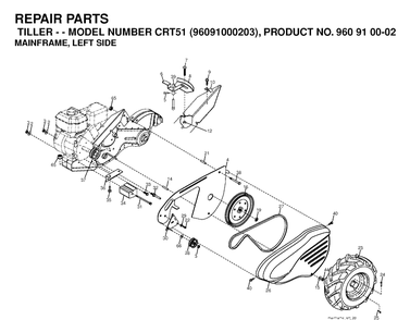 Mainframe, Left Side Diagram and Parts List for CRT51 (96091000203)(2007-02) Husqvarna Cultivator