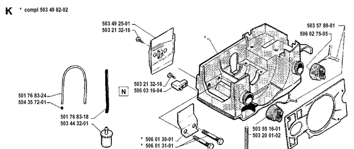 Crankcase Diagram and Parts List for 40 19912200001-19952300000 Husqvarna Chainsaw