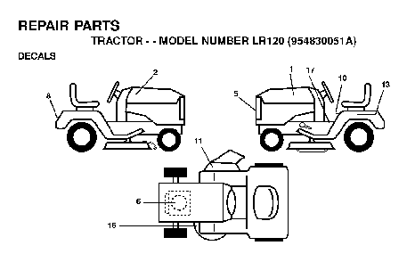 Decals Diagram and Parts List for LR120 (954830051A)(1995-08) Husqvarna Lawn Tractor