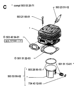 Cylinder Piston Diagram and Parts List for 61 19910900001-19933600000 Husqvarna Chainsaw