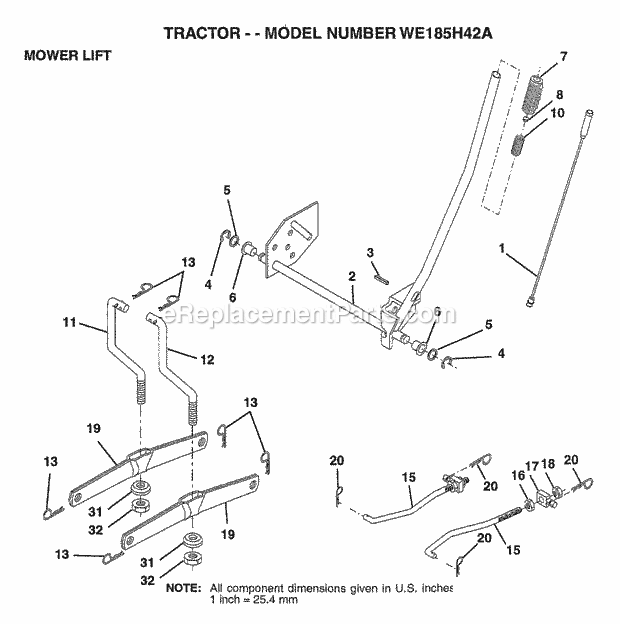 Mower Lift Diagram and Parts List for WE185H42A 1997 Husqvarna Lawn Tractor