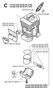 Cylinder Piston Diagram and Parts List for 141 20013500001-20030100000 Husqvarna Chainsaw