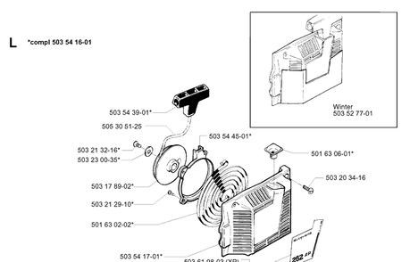 Starter Diagram and Parts List for 262XP 19960100001-19981400000 Husqvarna Chainsaw
