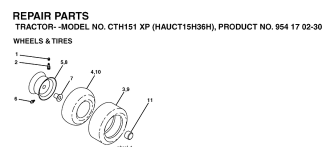 Wheels And Tires Diagram and Parts List for CTH151XP (HAUCT15H36H)(2005-05) Husqvarna Lawn Tractor