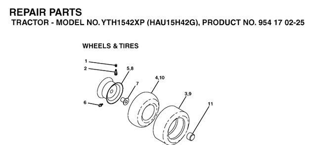 Wheels And Tires Diagram and Parts List for YTH1542XP (HAU15H42G)(2004-09) Husqvarna Lawn Tractor