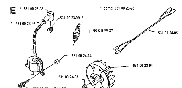 Ignition System Diagram and Parts List for 125RB 19904400001-19931400000 Husqvarna Brush Cutter