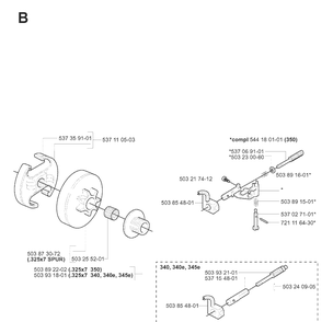 Clutch And Oil Pump Diagram and Parts List for 345 20070100001-Current Husqvarna Chainsaw