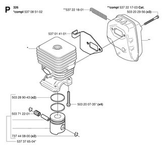 Cylinder, Piston And Muffler 2 Diagram and Parts List for 326L 20061400001 & Above Husqvarna Trimmer