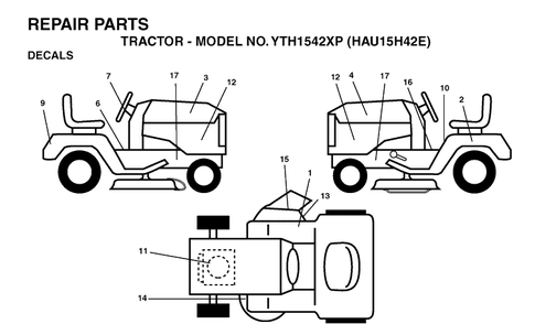 Decals Diagram and Parts List for YTH1542XP (HAU15H42E)(2004-01) Husqvarna Lawn Tractor