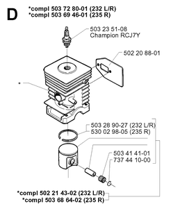 Cylinder Piston Diagram and Parts List for 235R 19970500001-19980100000 Husqvarna Brush Cutter