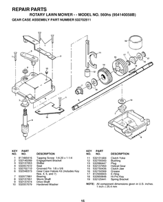 Gear Case Diagram and Parts List for 560HS (954140058B)(1998-10) Husqvarna Lawn Mower