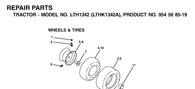Wheels And Tires Diagram and Parts List for LTH1342-LTHK1342A 2002-01 Husqvarna Lawn Tractor
