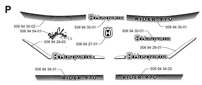 Decals Diagram and Parts List for R970 1997-03 Husqvarna Lawn Tractor