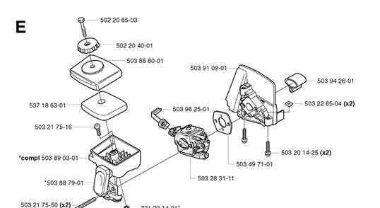 Carburetor And Air Filter Diagram and Parts List for 325P 20021800001-20042299999 Husqvarna Pole Saw