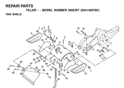 Tine Shield Diagram and Parts List for 600CRT (954140070C)(1999-09) Husqvarna Cultivator