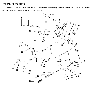 Brake / Rear Mower Lift Diagram and Parts List for LT125 (HE12536C, 954170001)(1996-01) Husqvarna Lawn Tractor