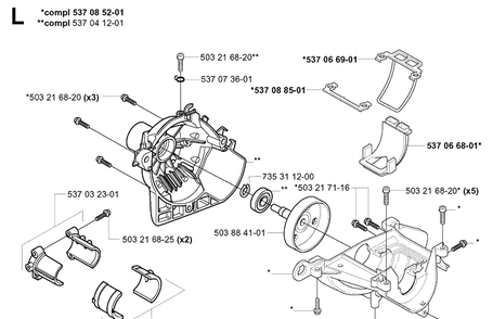 Crankcase Diagram and Parts List for 326EX 20010900001-20020500000 Husqvarna Edger