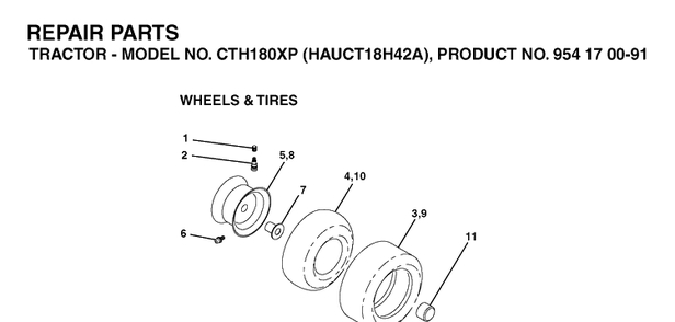 Wheels And Tires Diagram and Parts List for CTH180XP (HAUCT18H42A)(2003-01) Husqvarna Lawn Tractor