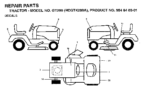 Decals Diagram and Parts List for GT200 (HCGTK200A, 954840001)(1996-01) Husqvarna Lawn Tractor