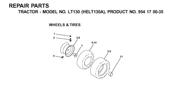 Wheels And Tires Diagram and Parts List for LT130 (954170035-A)(2001-01) Husqvarna Lawn Tractor
