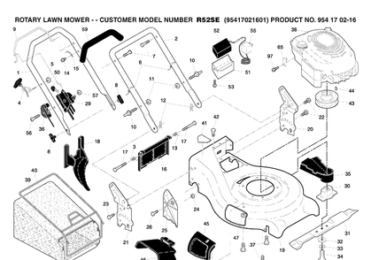 Frame And Engine Diagram and Parts List for R52SE (95417021601)(2005-02) Husqvarna Lawn Mower