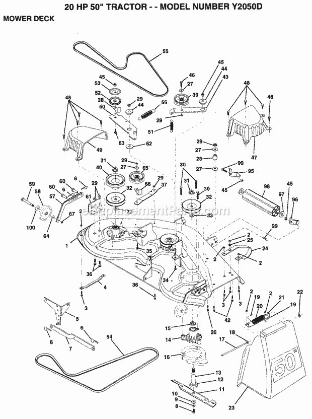 Mower Deck Diagram and Parts List for Y2050D 1994 Husqvarna Lawn Tractor