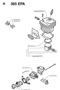 Cylinder Piston Diagram and Parts List for 365 19974900001-19991400000 Husqvarna Chainsaw