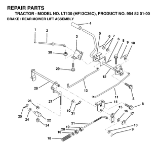 Brake / Rear Mower Lift Diagram and Parts List for LT130 (954820100-C)(1998-12) Husqvarna Lawn Tractor