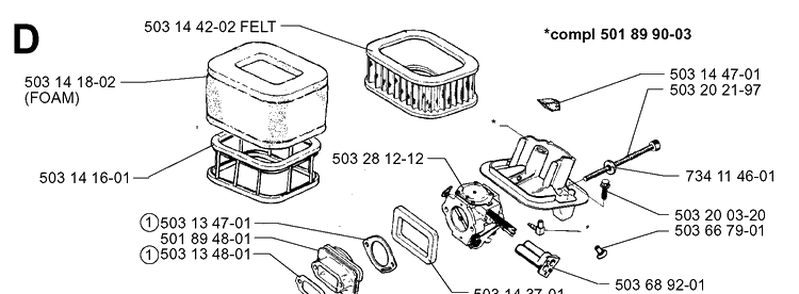Carburetor And Air Filter Diagram and Parts List for 3120 19960100001-19980900000 Husqvarna Chainsaw