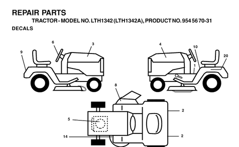 Decals Diagram and Parts List for LTH1342-LTH1342A 2000-12 Husqvarna Lawn Tractor