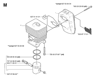 Cylinder, Piston And Muffler Diagram and Parts List for 325HA110 20054000001-20040100000 Husqvarna Hedge Trimmer
