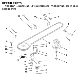 Drive Diagram and Parts List for LT125 (HE12536C)(1996-01) Husqvarna Lawn Tractor