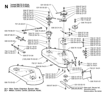 97cm Cutting Deck Diagram and Parts List for RIDER970 1998-03 Husqvarna Lawn Mower