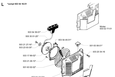 Starter Diagram and Parts List for 254 19980900001-19992300000 Husqvarna Chainsaw