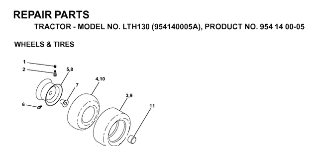 Wheels And Tires Diagram and Parts List for LTH130 (954140005A)(1997-01) Husqvarna Lawn Tractor