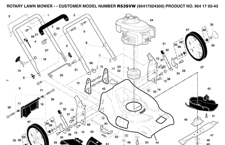 Frame And Engine Diagram and Parts List for R53SVW (95417024300)(2005-02) Husqvarna Lawn Mower