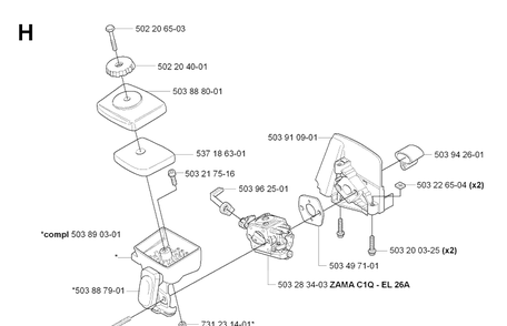 Carburetor And Air Filter Diagram and Parts List for 325HDA65 (X-SERIES)(20070100001-20090900000) Husqvarna Hedge Trimmer