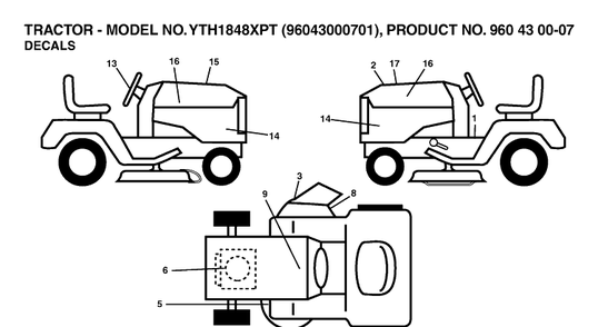 Decals Diagram and Parts List for YTH1848XP (96043000701)(2006-03) Husqvarna Lawn Tractor