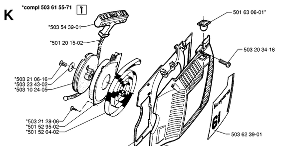 Starter Diagram and Parts List for 61 19970100001-19993100000 Husqvarna Chainsaw
