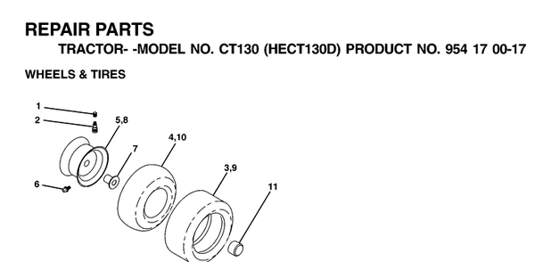 Wheels And Tires Diagram and Parts List for CT130 (HECT130D)(2001-01) Husqvarna Lawn Tractor