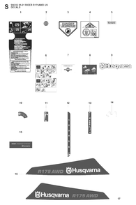 Decals Diagram and Parts List for R175 (966828501)(2008-05) Husqvarna Lawn Tractor