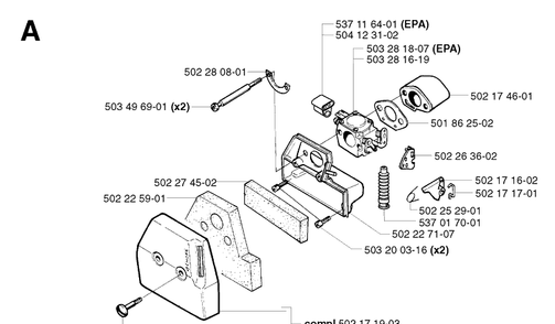 Carburetor And Air Filter 2 Diagram and Parts List for 250R 20023100001-20145399999 Husqvarna Brush Cutter