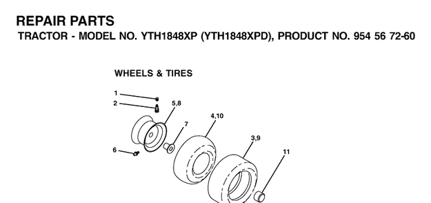 Wheels And Tires Diagram and Parts List for YTH1848XP (954567260)(2001-12) Husqvarna Lawn Tractor