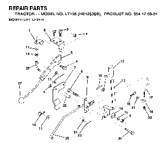 Mower Lift Lever Diagram and Parts List for LT125 (HE12536B, 954170001)(1996-10) Husqvarna Lawn Tractor
