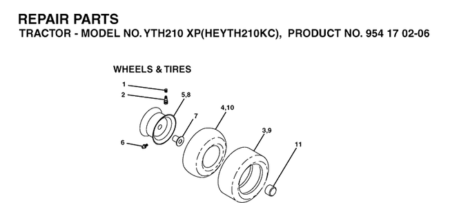 Wheels And Tires Diagram and Parts List for YTH210XP (HEYTH210KC)(2004-06) Husqvarna Lawn Tractor