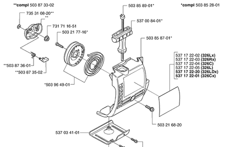 Starter Diagram and Parts List for 326L 2002-08 Husqvarna Brush Cutter