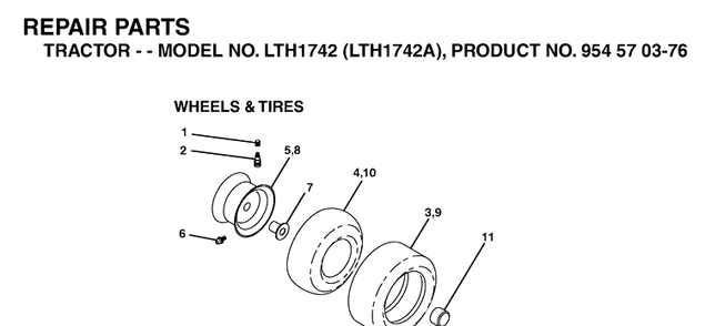 Wheels And Tires Diagram and Parts List for LTH1742-LTH1742A 2002-11 Husqvarna Lawn Tractor