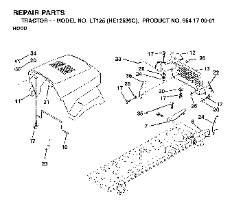 Hood Diagram and Parts List for LT125 (HE12536C, 954170001)(1998-03) Husqvarna Lawn Tractor