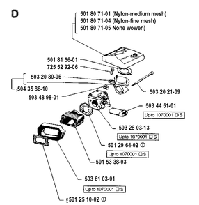 Carburetor And Air Filter Diagram and Parts List for 61 19910900001-19933600000 Husqvarna Chainsaw
